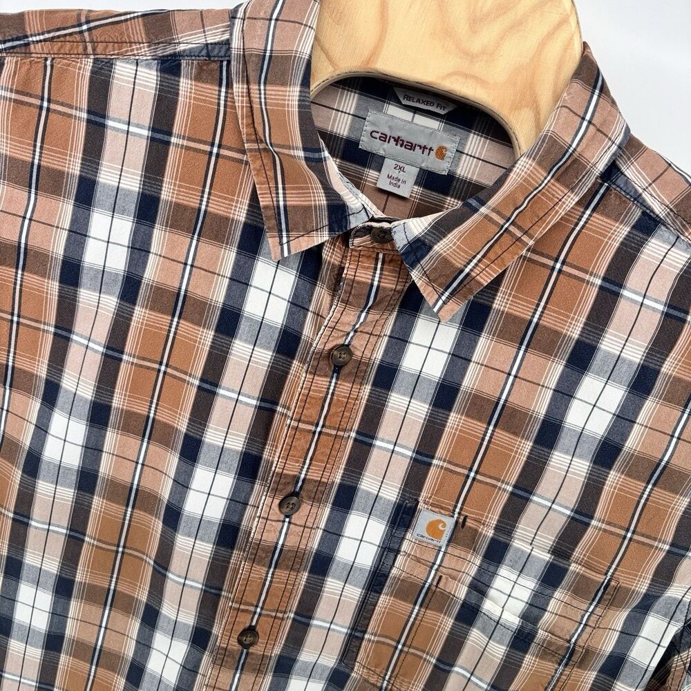 Carhartt Men's 2XL Regular Plaid Short Sleeve Shirt Brown 100% Cotton